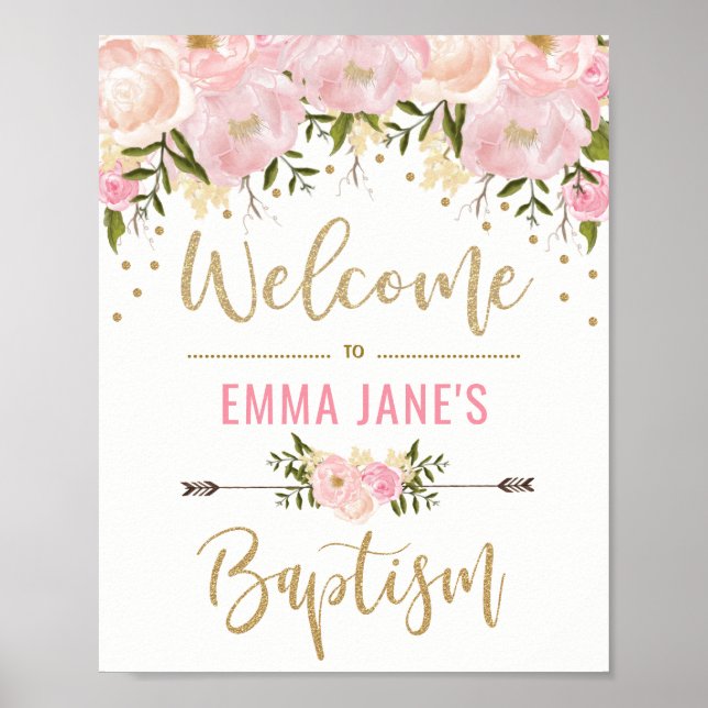 Poster Panneau de bienvenue baptême floral rose pailleté  (Devant)