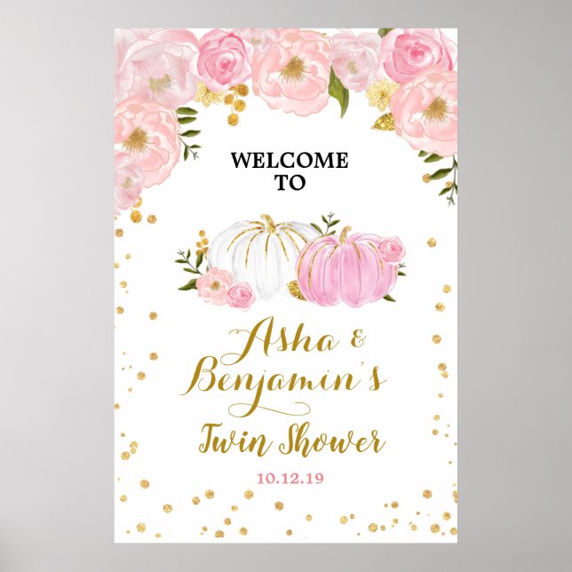 Poster Panneau de bienvenue Citrouille Twin Pink and Gold (Devant)