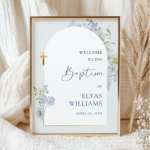 Poster Panneau de bienvenue de baptême garçon arc floral 