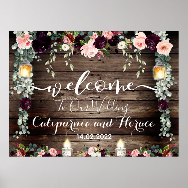 Poster Panneau de bienvenue de mariage 54x40" Burgundy Bl (Devant)