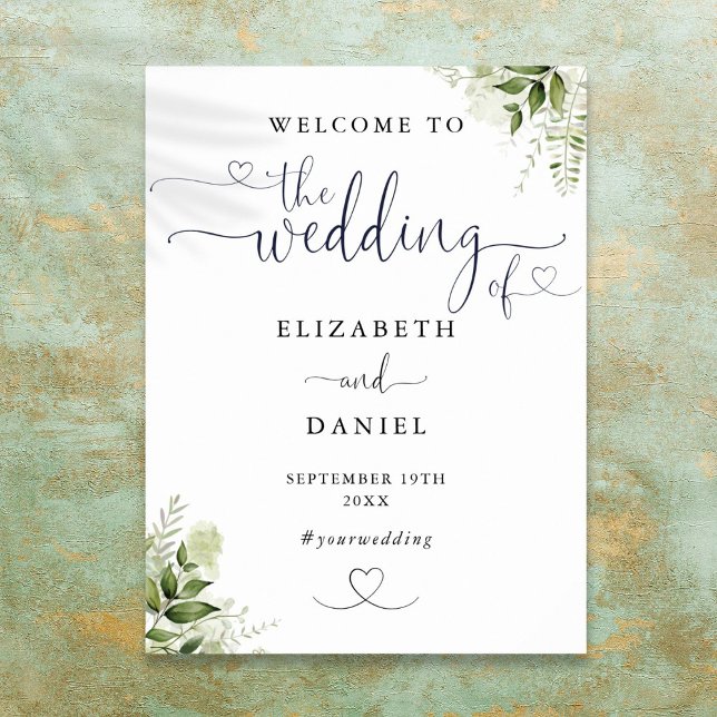Poster Panneau de bienvenue de mariage à écriture florale (Greenery Floral Heart Script Wedding Welcome Sign)