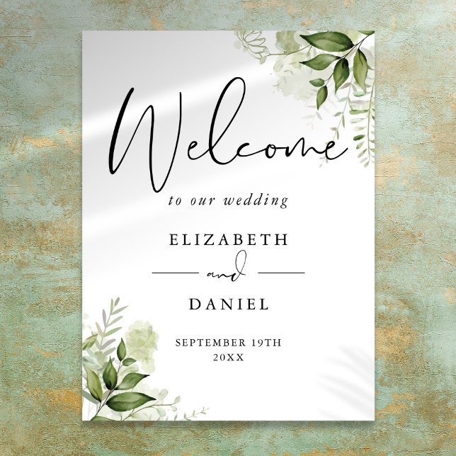 Poster Panneau de bienvenue de mariage à feuillage vert (Greenery Foliage Wedding Welcome Sign)