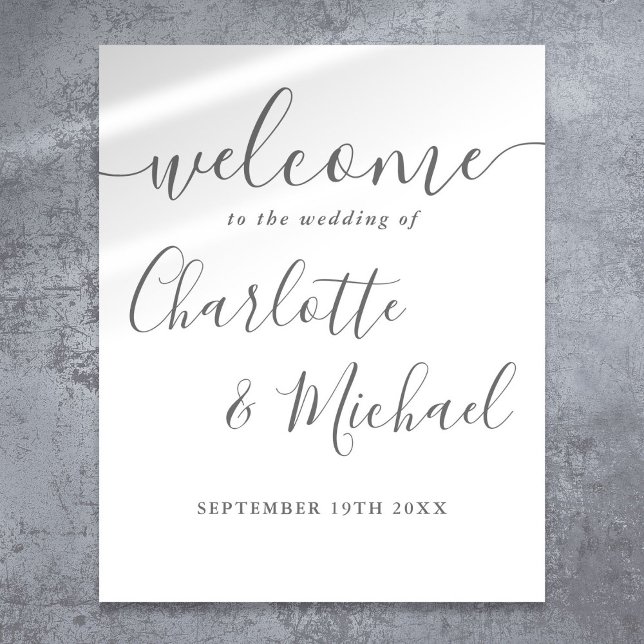 Poster Panneau de bienvenue de mariage à l'écriture grise (Gray Signature Script Wedding Welcome Sign)