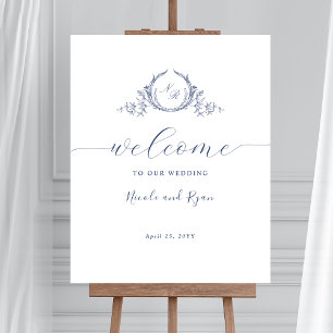 Poster Panneau de bienvenue de mariage à monogramme bleu 