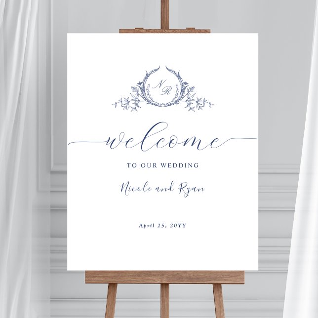 Poster Panneau de bienvenue de mariage à monogramme bleu  (Créateur téléchargé)