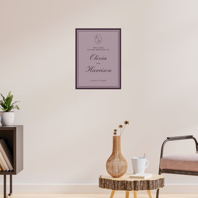Poster Panneau de bienvenue de mariage à monogramme prune (Salon 3)