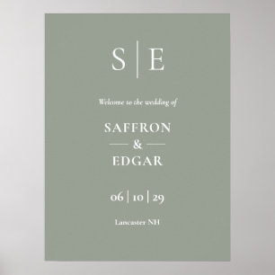 Poster Panneau de bienvenue de mariage à monogramme vert
