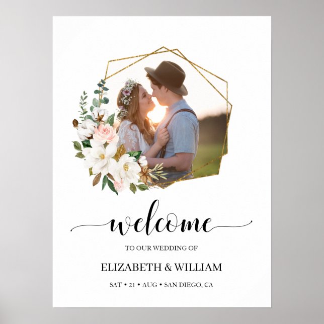 Poster Panneau de bienvenue de mariage avec photo de fleu (Devant)