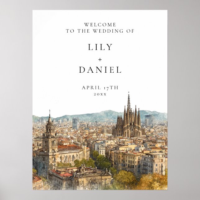 Poster Panneau de bienvenue de mariage avec vue sur Barce (Devant)