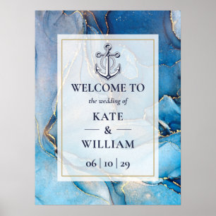 Poster Panneau de bienvenue de mariage bleu marine et aga