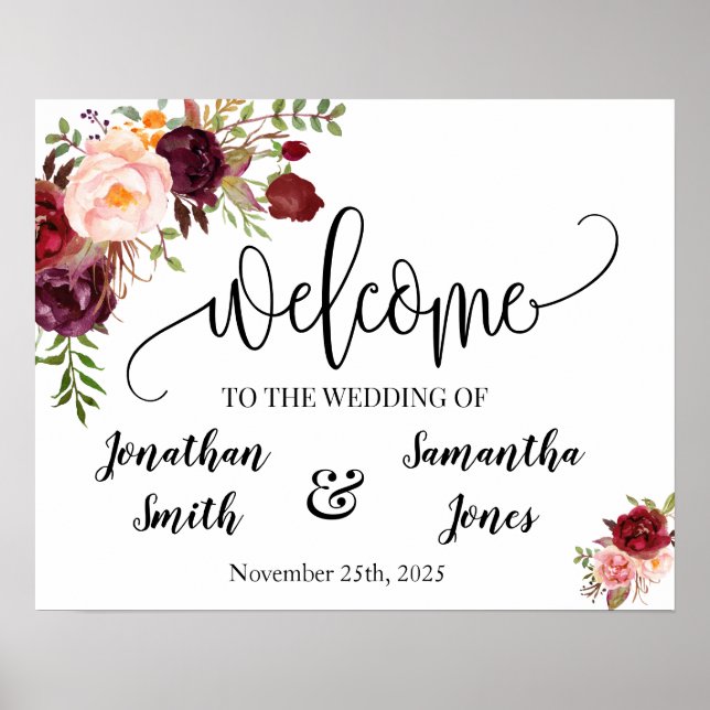 Poster Panneau de bienvenue de mariage boho chic floral m (Devant)
