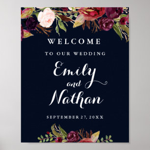 Poster Panneau de bienvenue de mariage bordeaux marine fl