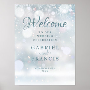 Poster Panneau de bienvenue de mariage d'hiver aux flocon