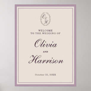 Poster Panneau de bienvenue de mariage élégant mauve et p