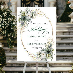 Poster Panneau de bienvenue de mariage élégant vert et bl