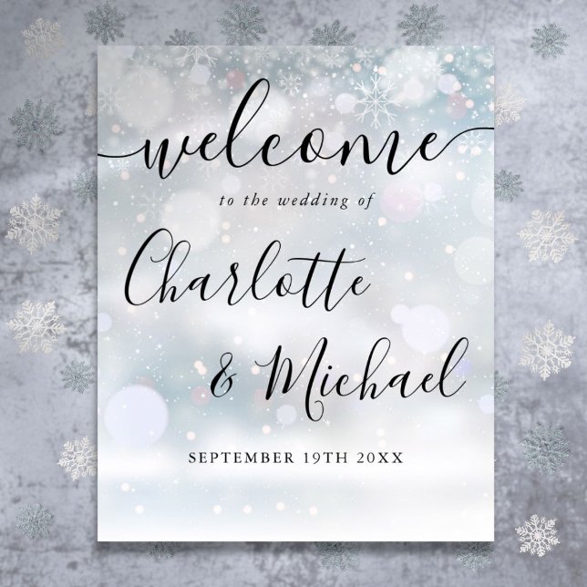 Poster Panneau de bienvenue de mariage en écriture signat (Winter Snow Signature Script Wedding Welcome Sign)