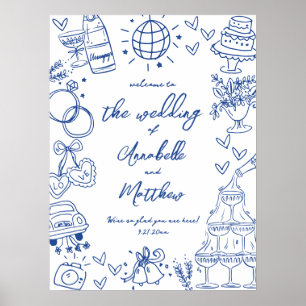 Poster Panneau de bienvenue de mariage fantaisiste bleu d
