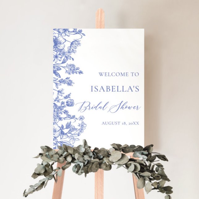 Poster Panneau de bienvenue de mariage fleuri bleu vintag (Créateur téléchargé)