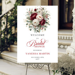 Poster Panneau de bienvenue de mariage fleurs verdure or 