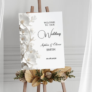 Poster Panneau de bienvenue de mariage floral blanc 3D mi