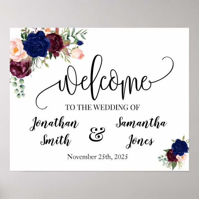Poster Panneau de bienvenue de mariage floral bleu burgun (Devant)