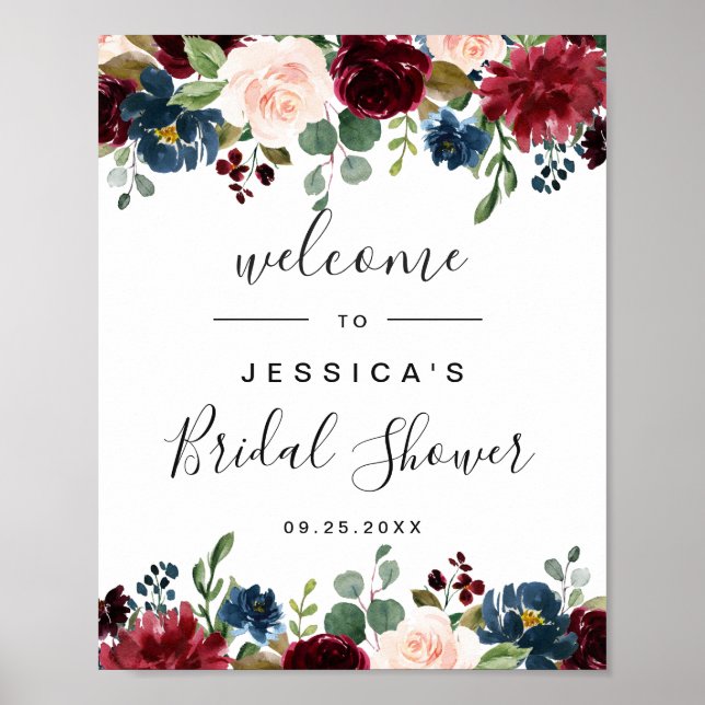 Poster Panneau de bienvenue de mariage floral bleu marine (Devant)