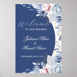 Poster Panneau de bienvenue de mariage floral bleu poussi