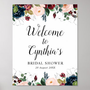 Poster panneau de bienvenue de mariage floral bordeaux et