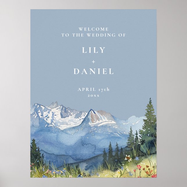 Poster Panneau de bienvenue de mariage floral Dusty Blue  (Devant)