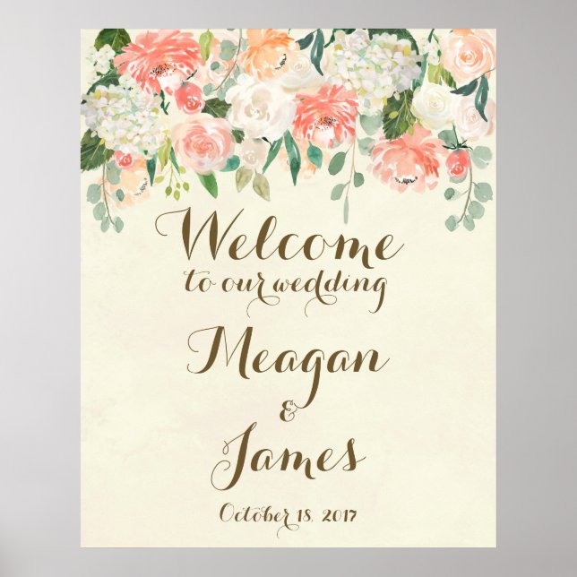 Poster panneau de bienvenue de mariage floral pêche (Devant)