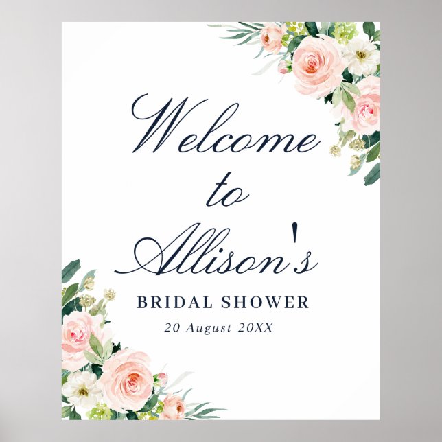 Poster panneau de bienvenue de mariage floral rose pastel (Devant)