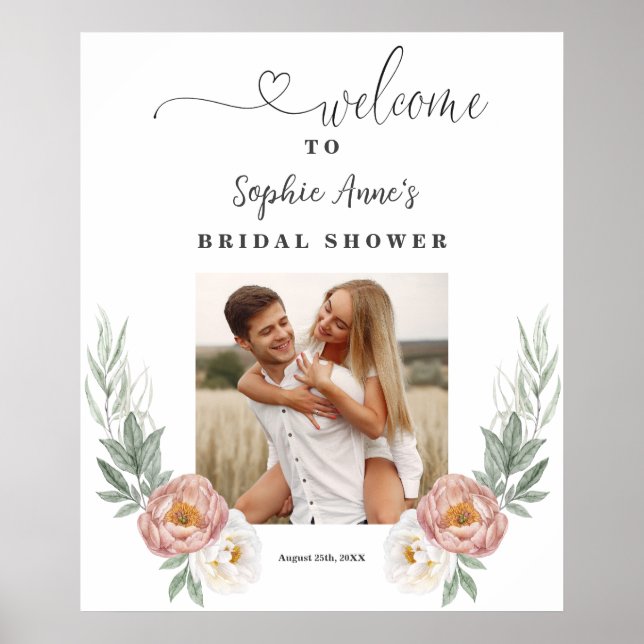Poster Panneau de bienvenue de mariage floral rose poussi (Devant)