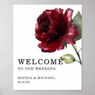 Poster Panneau de bienvenue de mariage floral rose rouge