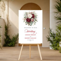 Panneau de Bienvenue de Mariage Floral Rouge Foncé