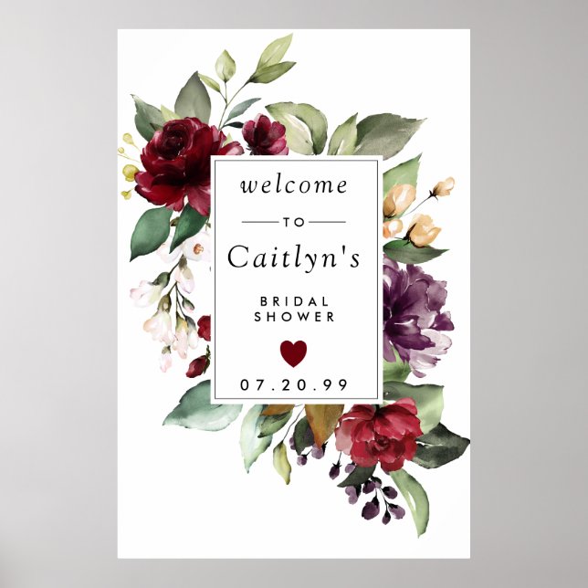 Poster Panneau de bienvenue de mariage floral rouge viole (Devant)