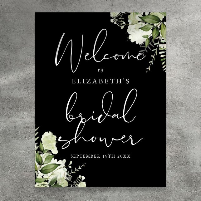 Poster Panneau de bienvenue de mariage Greenery noir et b (Greenery Black White Bridal Shower Welcome Sign)