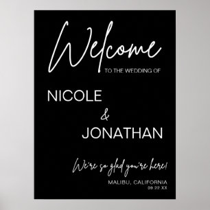 Poster Panneau de bienvenue de mariage moderne noir impri
