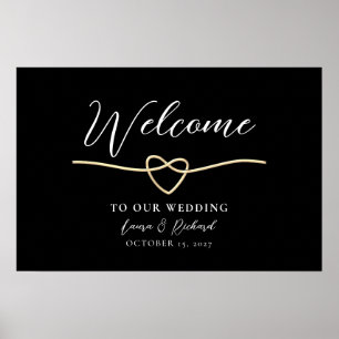 Poster Panneau de Bienvenue de Mariage Or Romantique Noir