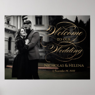Poster Panneau de bienvenue de mariage photo écriture dor