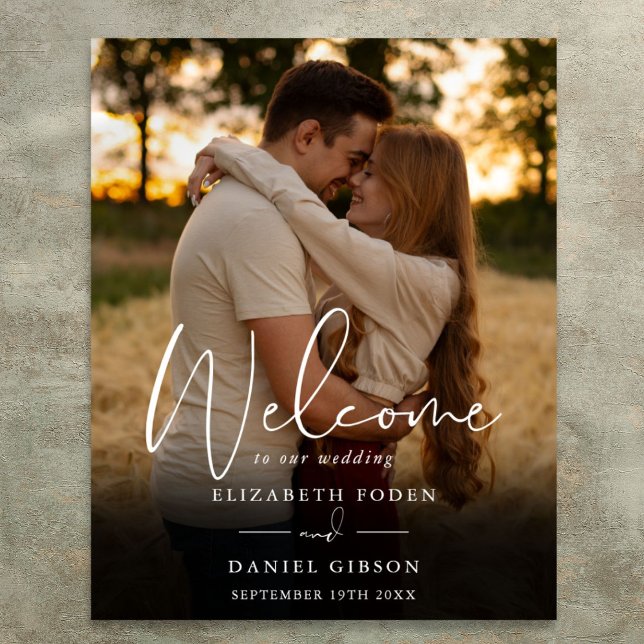 Poster Panneau de bienvenue de mariage photo écriture élé (Elegant Script Photo Wedding Welcome Sign)
