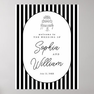 Poster Panneau de bienvenue de mariage rayé noir et blanc