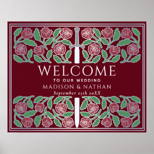 Poster Panneau de bienvenue de mariage royal floral épée