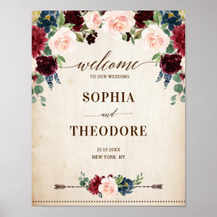 Poster Panneau de bienvenue de mariage rustique floral ma