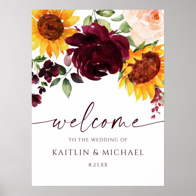 Poster Panneau de bienvenue de mariage Tournesols Rose Bo (Devant)