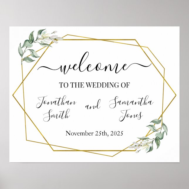 Poster Panneau de bienvenue de mariage verdure géométriqu (Devant)