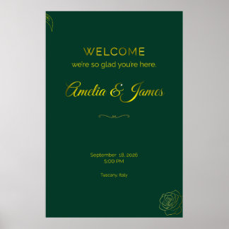 Poster Panneau de bienvenue de mariage vert émeraude et f