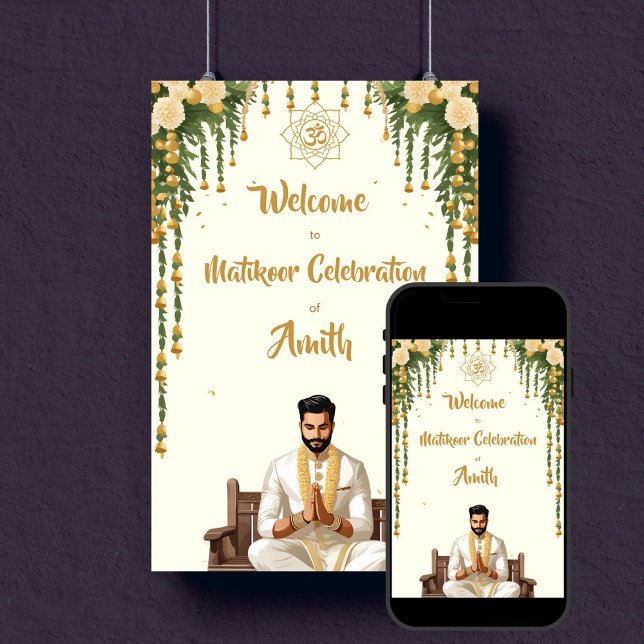 Poster Panneau de bienvenue des mariés mariages indiens M (Matikoor Haldi Indian wedding grooms editable template welcome sign poster digital download gold)