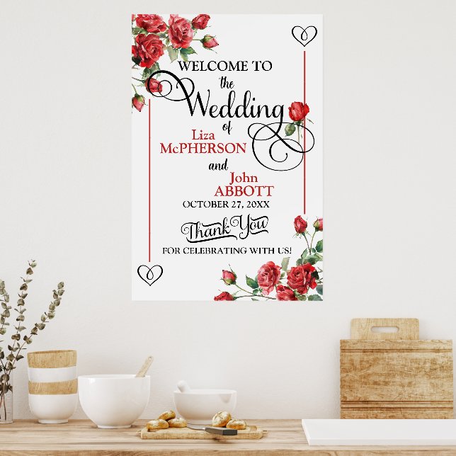 Poster Panneau de bienvenue du mariage de roses rouges (Cuisine)