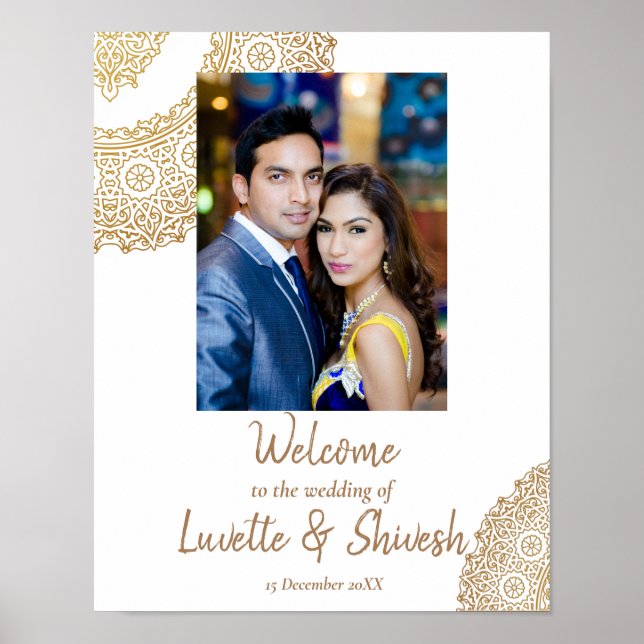 Poster Panneau de bienvenue du mariage indien Golden mand (Devant)
