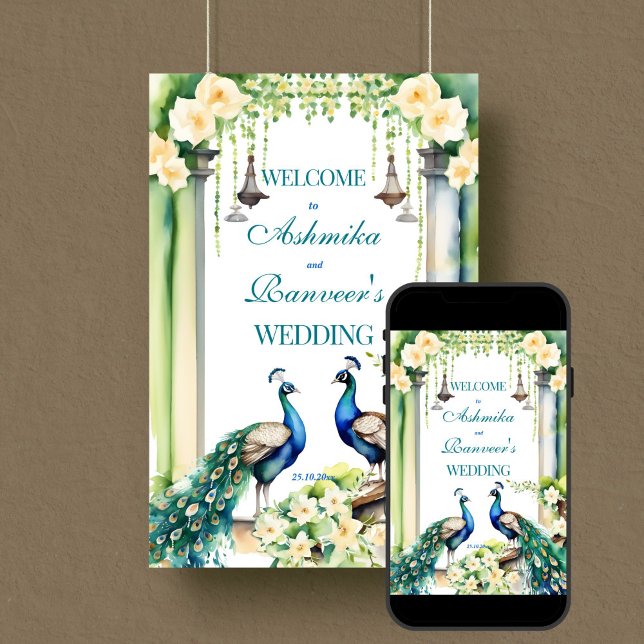 Poster Panneau de bienvenue du mariage indien Peacock jas (Peacock jasmine Indian wedding welcome sign editable template digital download gajra garlands arch)